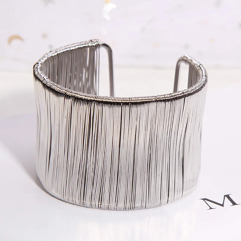 Punk Multilayer Metal Wire String Bracelets for Women, Vintage Exaggerated Gold Color Wide Open Cuff Bangles Jewelry - Hiccupzz