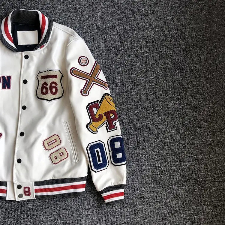 New Men's Winter Baseball Jacket - Retro Leather Jacket with Heavy Industry Embroidery, White Short Coat