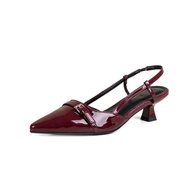 Women's French Wine Red Patent Leather Mid-Heel Pointed Sandals - Retro Skinny Heel Backless Design