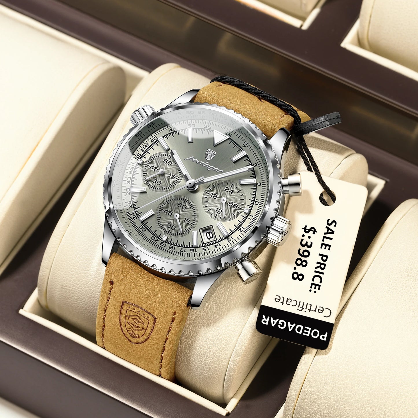 POEDAGAR Luxury Men's Watch - Quartz, Waterproof, Luminous Date Chronograph, Leather Strap, Military Sports Wristwatch