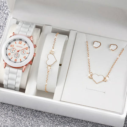 4 Pcs Geneva Women's Quartz Watch Set - Fashion Silicone Band with Heart Jewelry (Without Box)