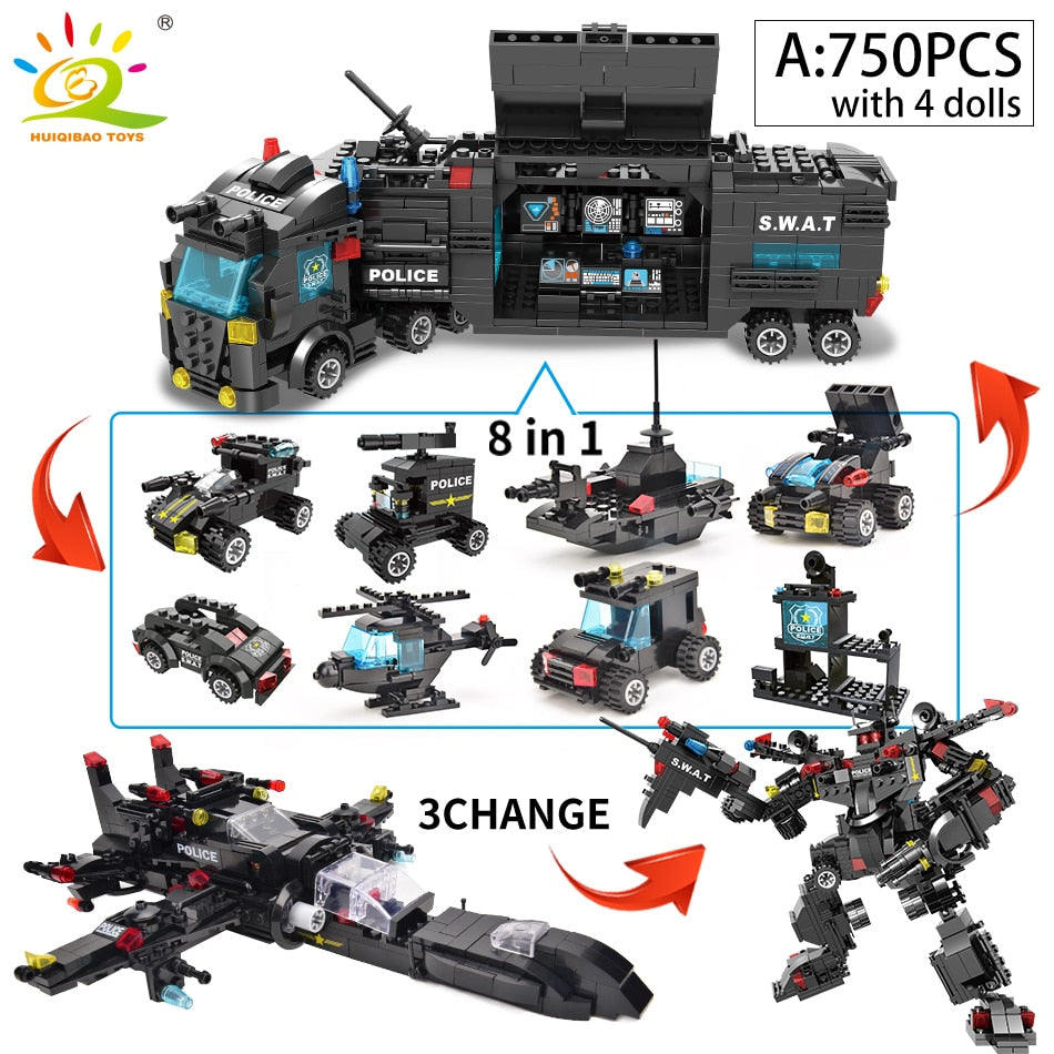 SWAT Police Station Truck Model Building Blocks City Machine Helicopter Car Figures Bricks Educational Toy For Children