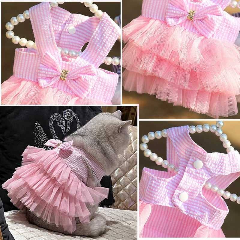 Dog Summer Dress Cat Lace Skirt Pet Clothing Chihuahua Stripe Skirt Puppy Cat Princess Apparel Cute Puppy Clothe Dog Accessories