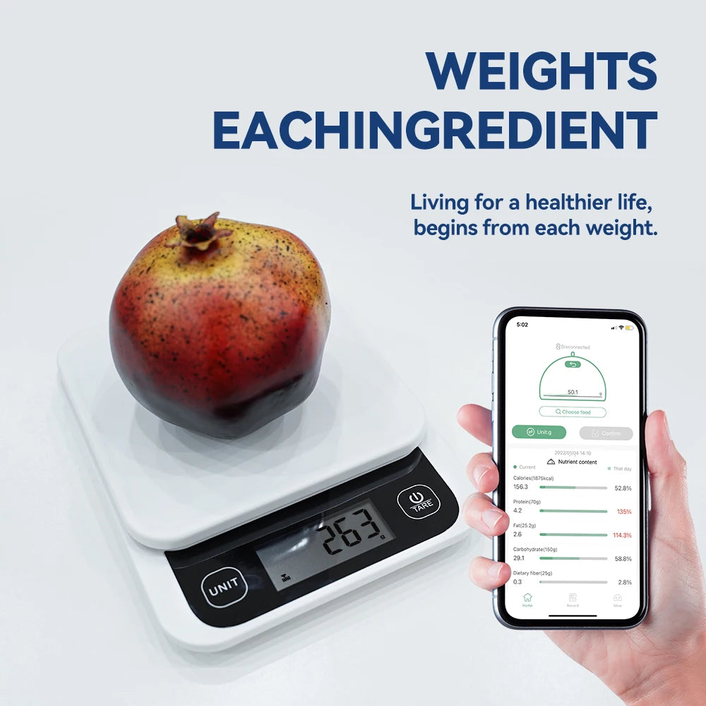 0-1kg/0.1g, 1-5kg/1g, Smart Kitchen Scales Nutrition Food with App