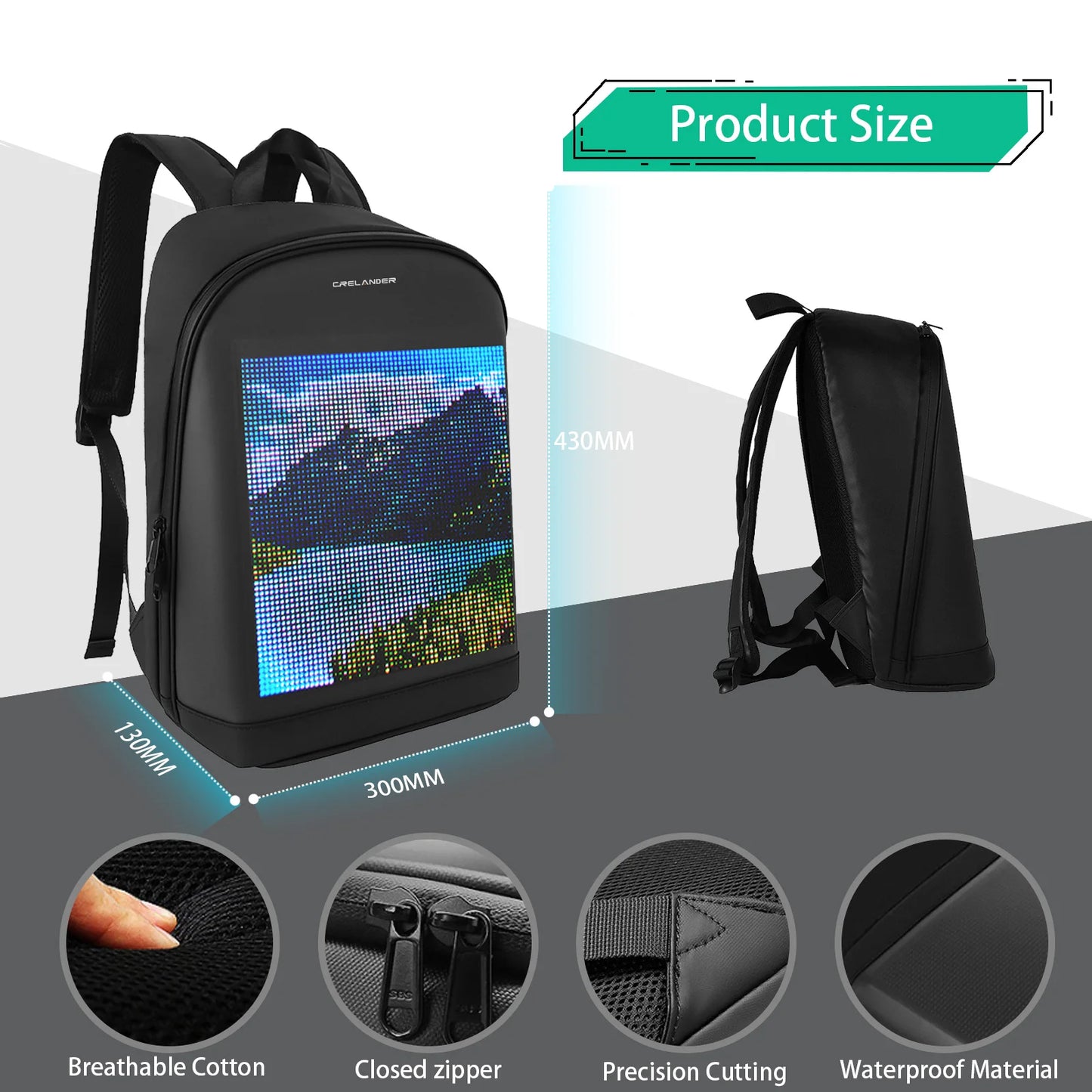 CRELANDER LED Backpack Waterproof Smart Bluetooth APP Control DIY Display Laptop School Bags For Men Women Mochila