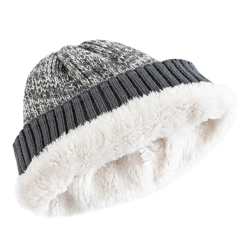 Unisex Two-Tone Winter Beanie - Fur-Lined Knitted Hat for Men and Women, Casual Fashion Warm Cap