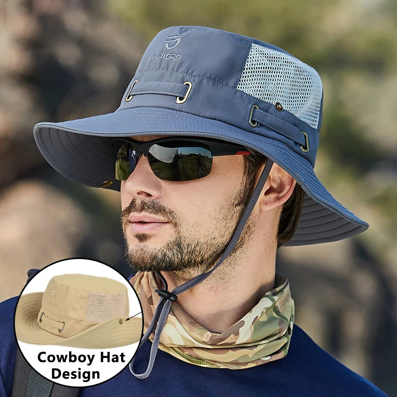 Men's Cap Breathable Mesh Solid Color Bucket Hat for Fishing, Camping & Hiking Anti-UV Sun Hat Wide Brim Fisherman Hat