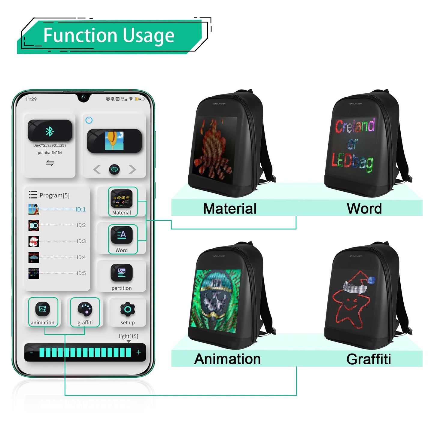 CRELANDER LED Backpack Waterproof Smart Bluetooth APP Control DIY Display Laptop School Bags For Men Women Mochila