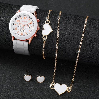 4 Pcs Geneva Women's Quartz Watch Set - Fashion Silicone Band with Heart Jewelry (Without Box)