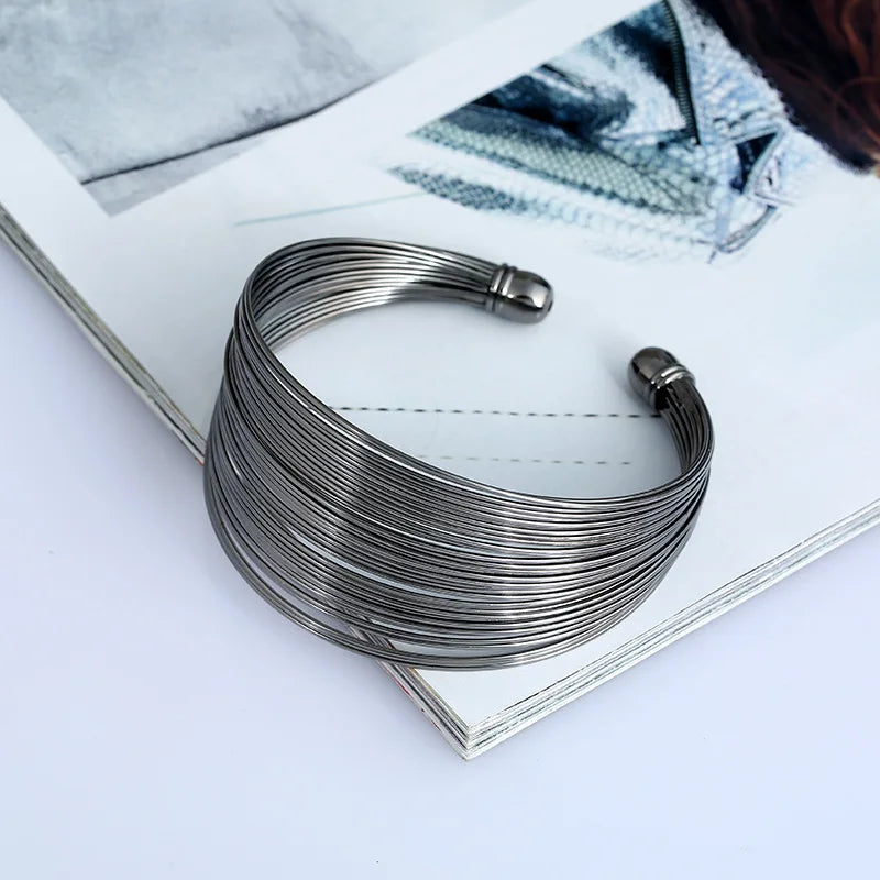 Punk Multilayer Metal Wire String Bracelets for Women, Vintage Exaggerated Gold Color Wide Open Cuff Bangles Jewelry - Hiccupzz