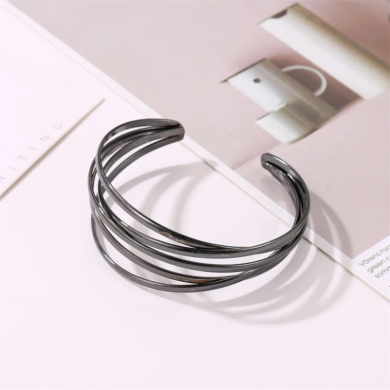 Punk Multilayer Metal Wire String Bracelets for Women, Vintage Exaggerated Gold Color Wide Open Cuff Bangles Jewelry - Hiccupzz