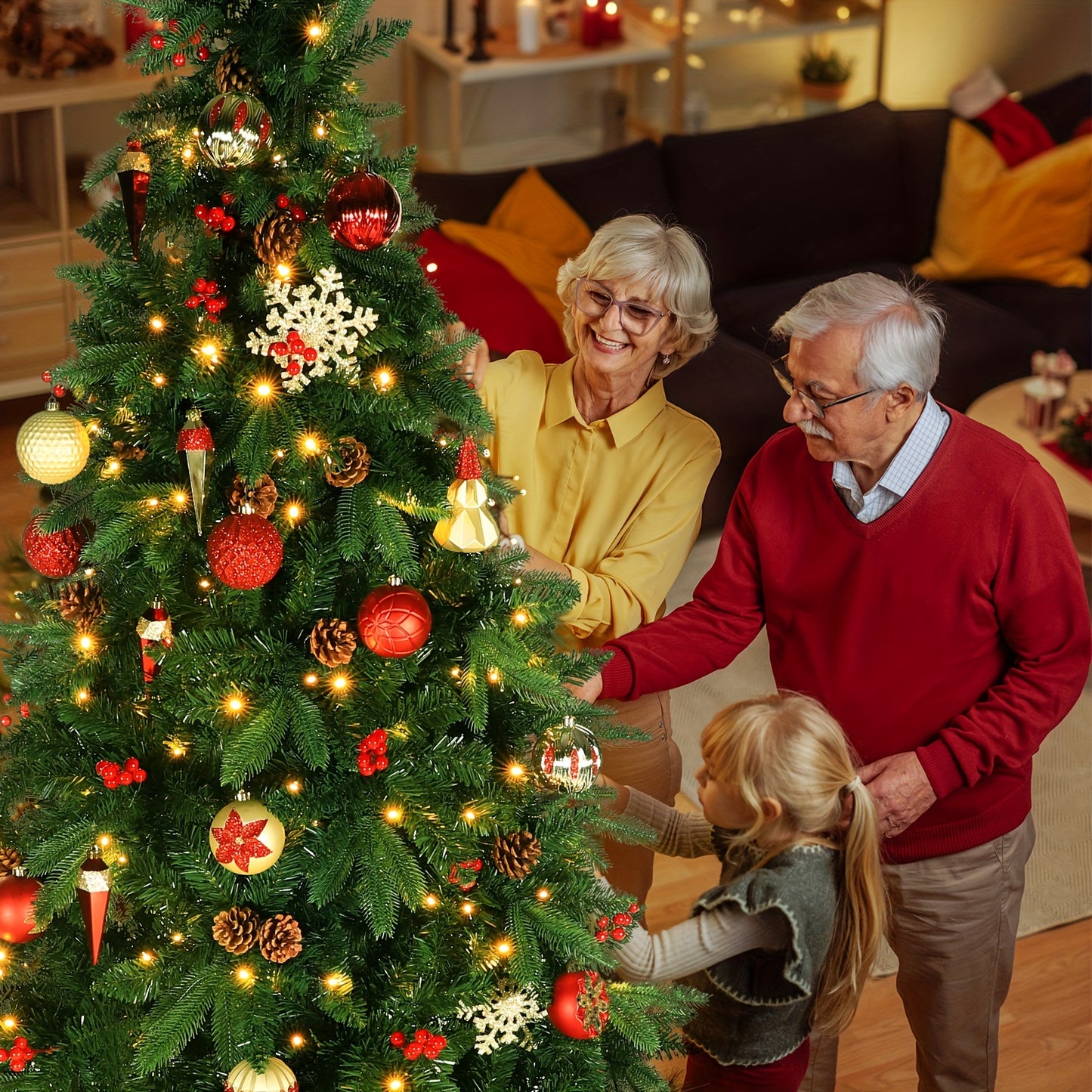 8 Ft/9 Ft Pre-Lit Artificial Christmas Tree with Warm White Light, Pine Cones & Red Berries