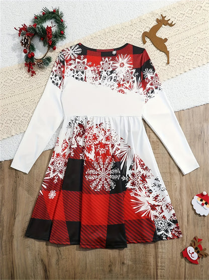 Girls' Long Sleeve Christmas Dress - Cute Cinched Waist, Big Swing Hem, Festive Print Design - Hiccupzz
