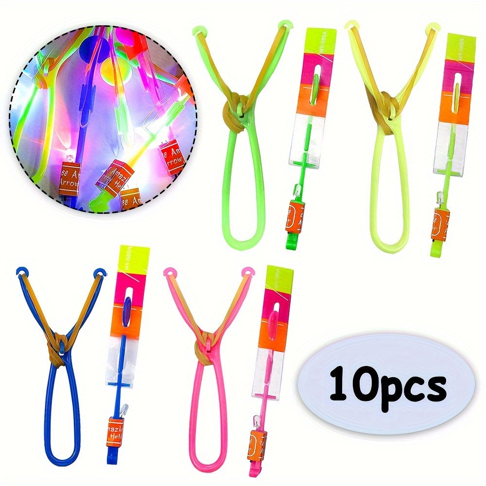 10 Pcs LED Glow Slingshot Toys - Flashing Rocket & Helicopter Designs, Perfect for Birthday Gifts, Carnival Prizes & Classroom Rewards