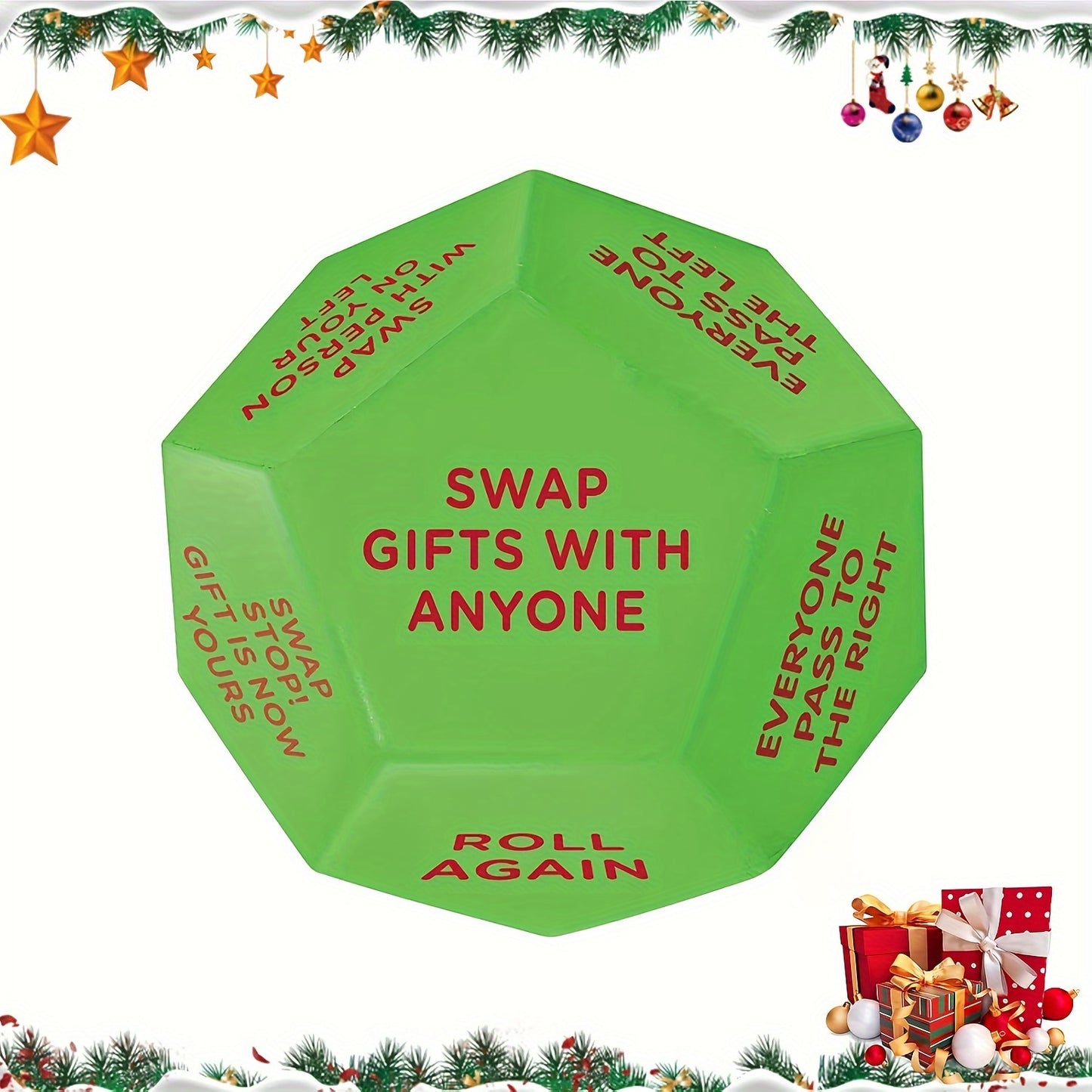 Xmas Twist Santa's Surprise Gift Exchange Dice - 12 Sides, Perfect for Christmas Party Games, 3x3 Inches