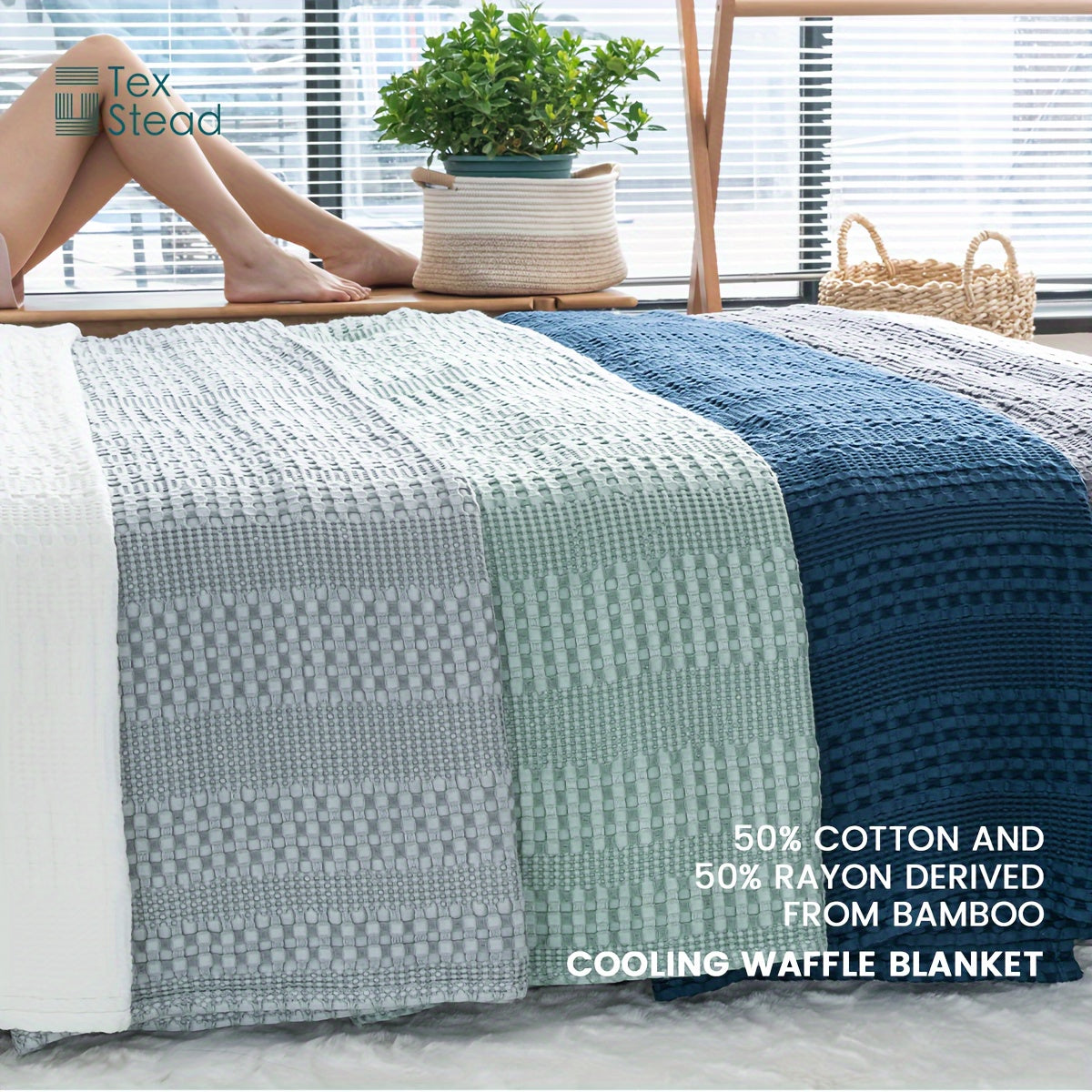 1 Pc Cooling Bamboo Fiber Cotton Blend Waffle Blanket - Lightweight Breathable Blanket For Hot Sleepers, Luxury Throws For Bed, Couch And Sofa