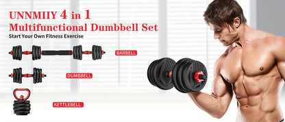 Adjustable Dumbbell Set: 20-90lbs, 4-in-1 Weight Set for Home Gym, Barbell, Kettlebell, Push-up, Men & Women Fitness Workout Equipment - Hiccupzz