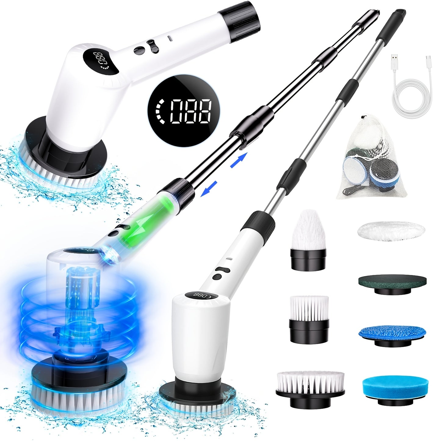 7-in-1 Cordless Electric Spin Scrubber with 4 Angles, 3 Speeds, Power Display for Bathroom, Kitchen, Shower Cleaning