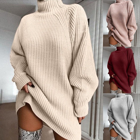 Europe and the United States foreign trade autumn and winter new women's sweater mid-length with shoulder sleeve half turtleneck sweater dress