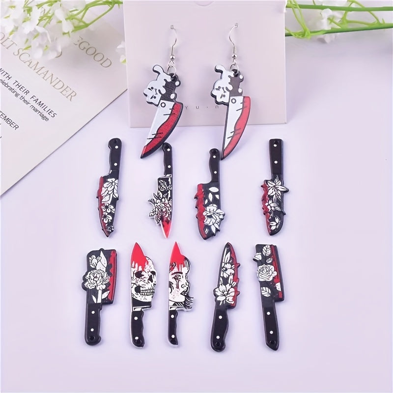 10pcs Bloody Knife Pendants - Acrylic Knife Shape with Skull & Rose, Gothic Style DIY Jewelry for Earrings & Necklaces, Craft Accessories