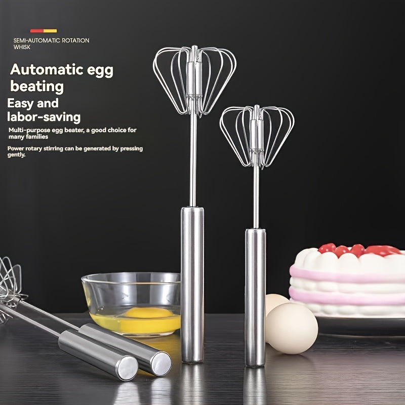 Semi-Automatic Stainless Steel Whisk Set: Manual Hand Push Egg Beater and Non-Electric Rotary Whisk (10/12/14 Inch) for Mixing and Frothing