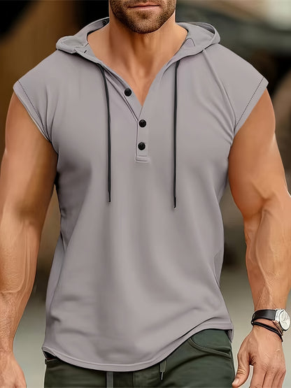 Men's Solid Color Henley Hooded Tank - Summer Fitness & Sports Wear - Hiccupzz