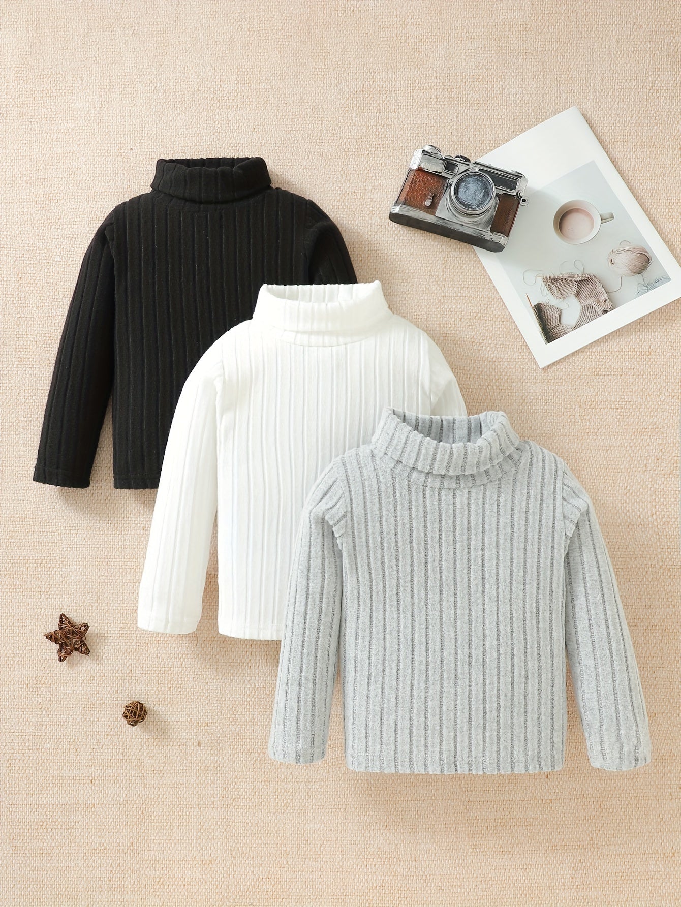 3pcs Kid's Solid Turtleneck Sweater, Long Sleeve, Knit Top, Fall/Winter, Gift