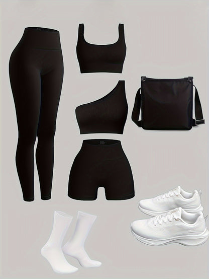 Women's 4-Piece Yoga Set, Sport Athletic Leggings, Sports Bra, Shorts, Fitness Gear For Gym And Outdoor Exercise (without Accesories) - Hiccupzz