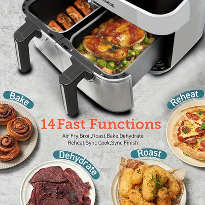 10-Quart Upgraded Dual Pot Touch Screen Air Fryer Oven - 14 Functions, Multi-Function Cooker for Two Foods