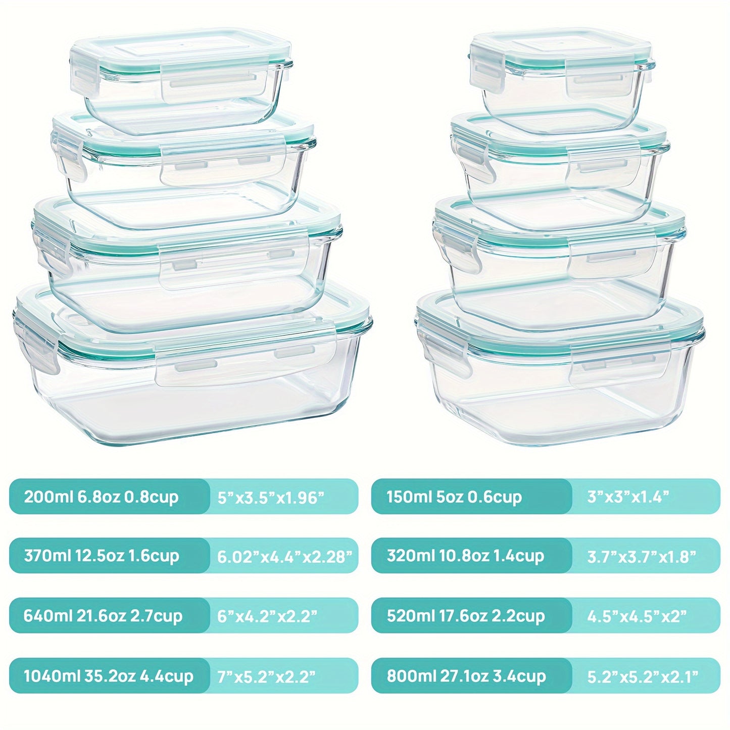 8-Pack Glass Food Storage Containers with Leak-Proof Lids, Microwave, Oven, Freezer & Dishwasher Safe, BPA-Free Bento Boxes for Meal Prep