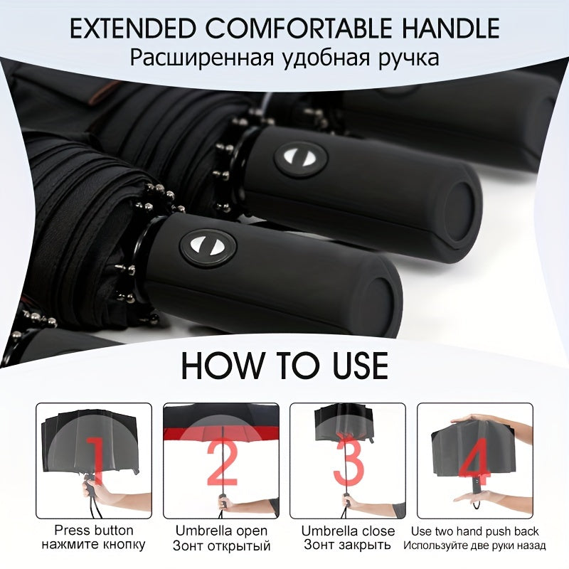 Three-Fold Automatic Folding Umbrella, Windproof, Reinforced Thickened Design