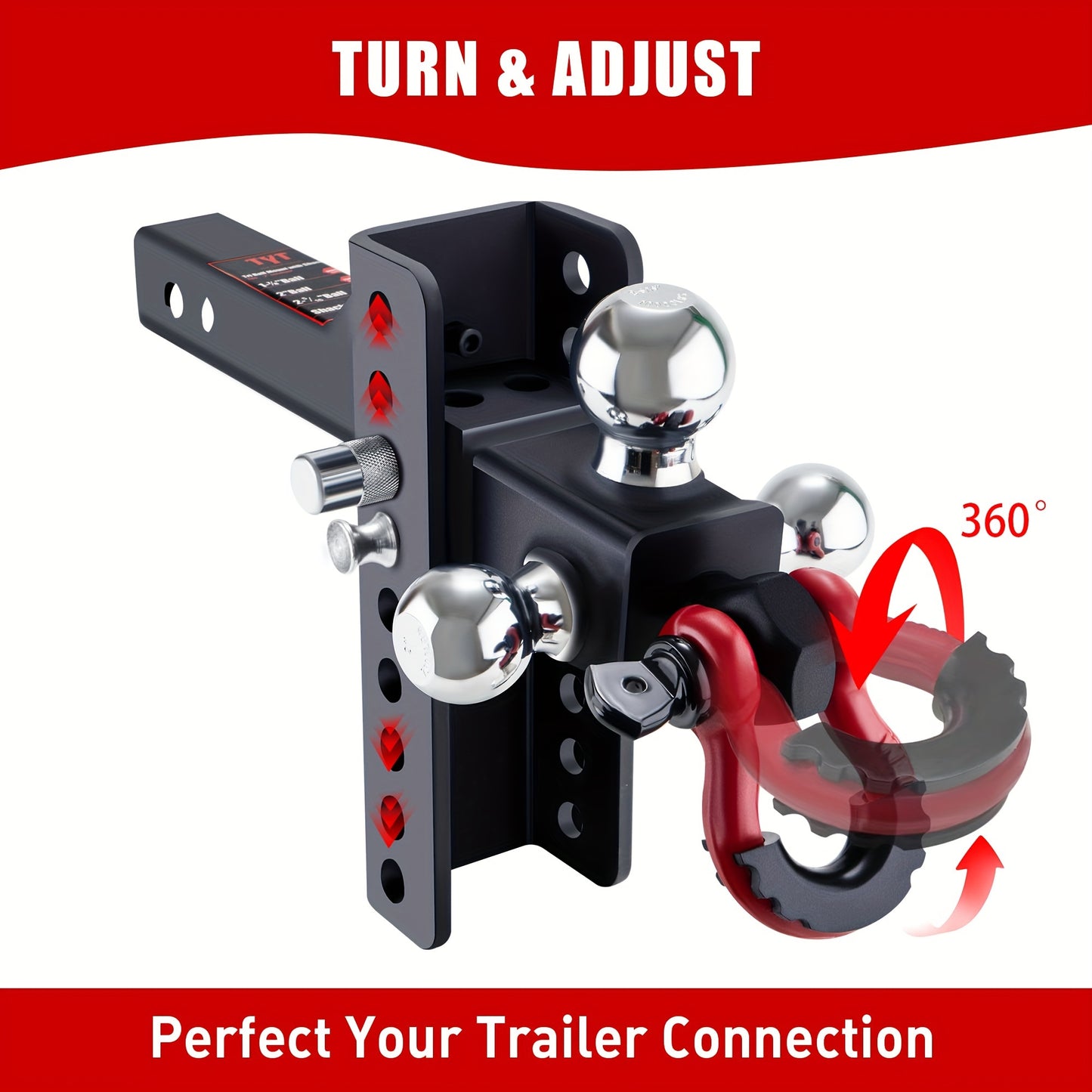 Adjustable Heavy-Duty Trailer Hitch - Tri-Ball Mount with Locks, Pin, & Rotatable Tow Shackle