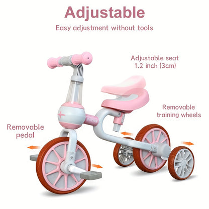 3-in-1 Kids Tricycles for 1-4 Years, Detachable Pedal & Training Wheels, Baby Balance Bike