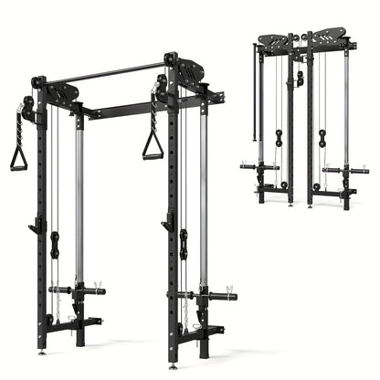 Wall Mounted Folding Squat Rack with Cable Crossover & LAT Pull Down, 5 Adjustable Modes, Space-Saving Home Gym Trainer - Hiccupzz