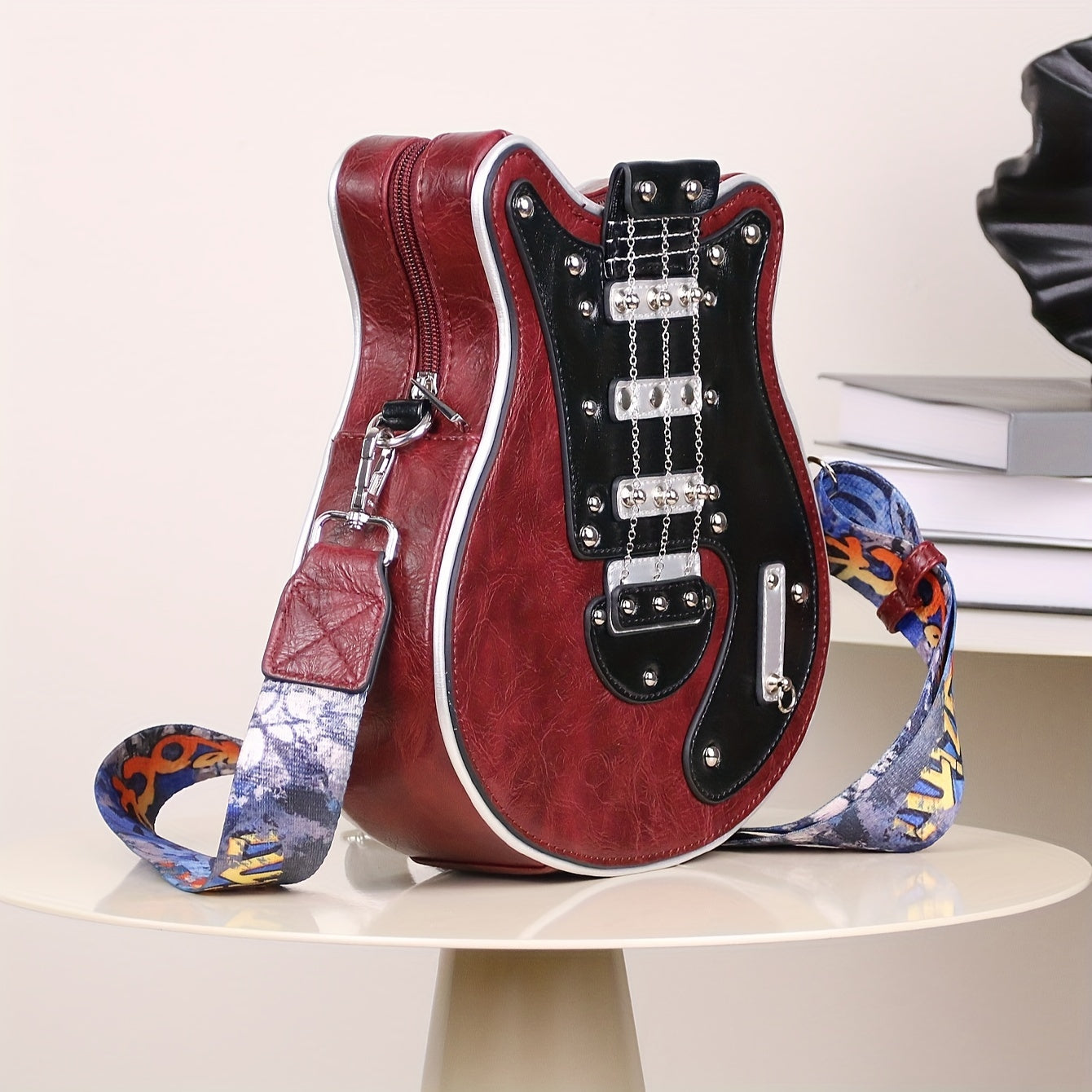 Retro fashion guitar-shaped crossbody bag - Y2K style design,  wide adjustable shoulder strap