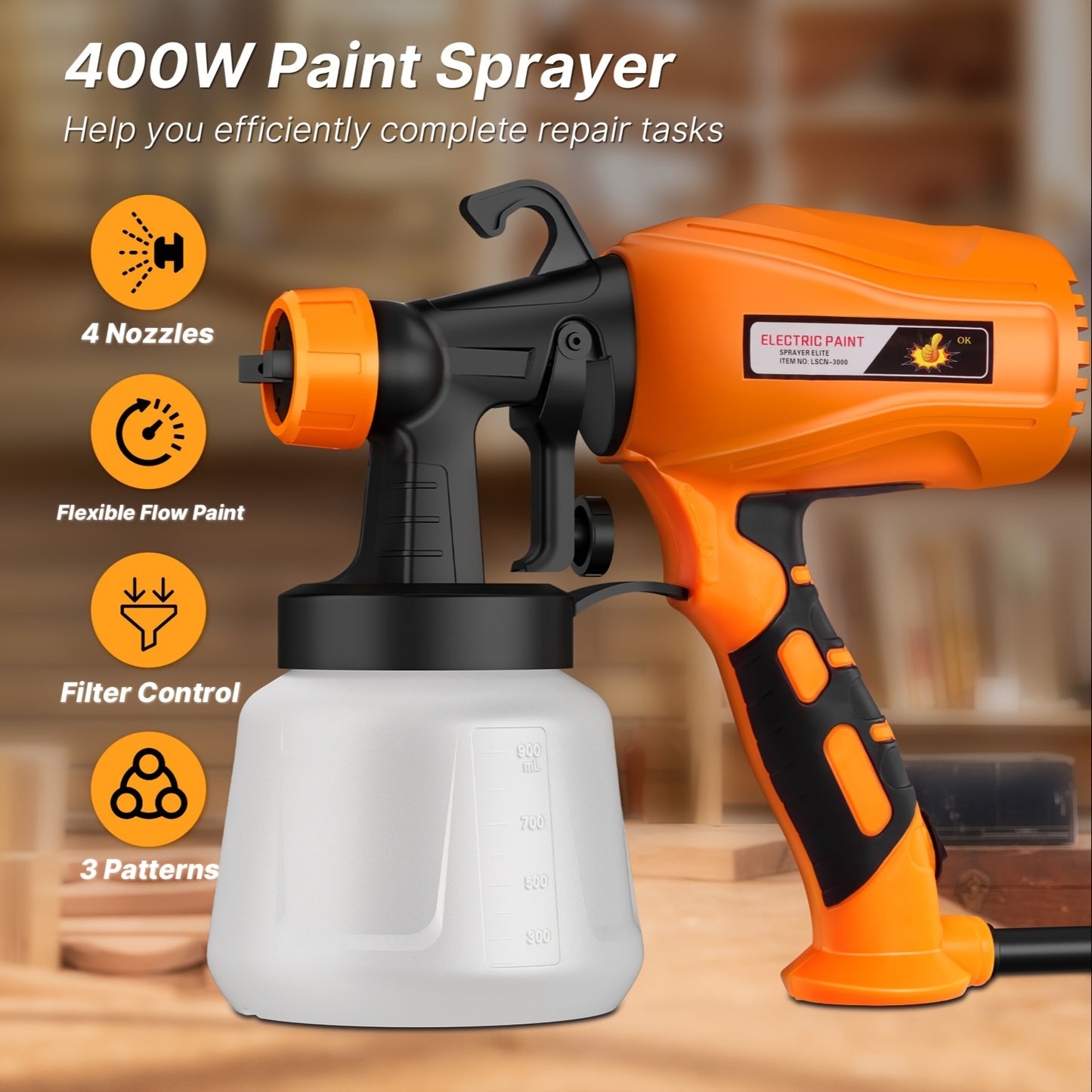 Paint Sprayer, 400W HVLP Spray Gun with 2 Nozzles & 3 Spray Patterns - Electric Paint Sprayer with 900ml Container