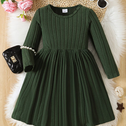 Girls Solid Color Dress, Simple Versatile, Round Neck, Long Sleeve - Hiccupzz