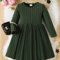 Girls Solid Color Dress, Simple Versatile, Round Neck, Long Sleeve - Hiccupzz