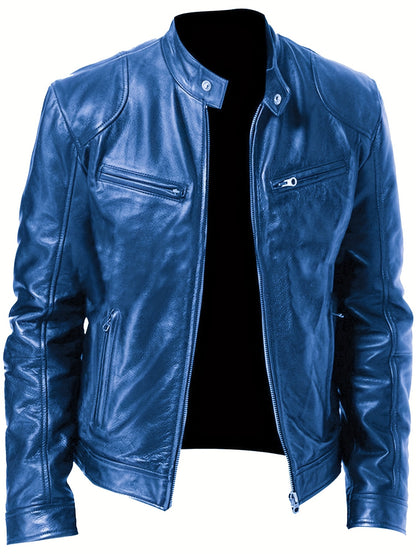Men's PU Leather Motorcycle Jacket with Zipper Pockets, Autumn/Winter Stand Collar Cardigan Coat - Hiccupzz