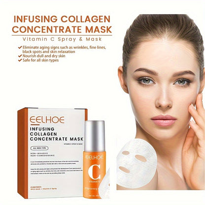 Collagen Water Soluble Firming Face Mask & Spray Set, Contains Hyaluronic Acid, Vitamin C, Moisturizing Lifting And Firming Skin Care (Soluble Collagen Film 5pcs + Spray 1.69oz) - Hiccupzz