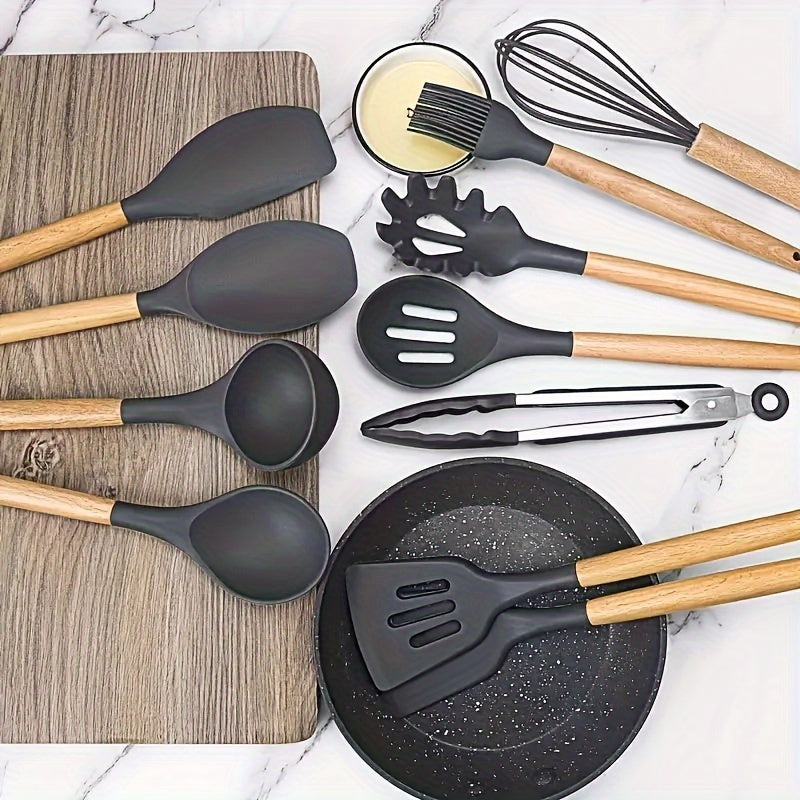 12pcs Non-Stick Silicone Kitchen Utensil Set with Wooden Handles - Safe, Easy to Clean, Ideal for Cooking and Baking