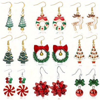 9-Piece Set of Bow and Christmas Earrings - Alloy Christmas Tree, Santa Claus, Bell Earrings for Parties, Holidays, and Daily Wear