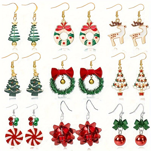 9-Piece Set of Bow and Christmas Earrings - Alloy Christmas Tree, Santa Claus, Bell Earrings for Parties, Holidays, and Daily Wear