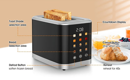 1 Pc Smart Digital Toaster - Touch Screen LCD Display, 6 Bread Types, 6 Shade Settings, 1.5" Wide Slots, Bagel/Defrost/Cancel Functions, 750-1000W, 2-Slice, US Plug, 110-130V