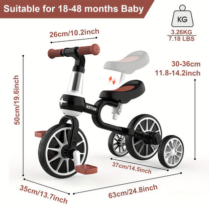 3 In 1 Kids Tricycles - Detachable Pedal & Training Wheels - For 1-4 Year Old Boys & Girls