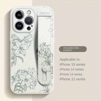Floral Print Phone Case with Wrist Strap for iPhone 15/14/13/12 Pro Max Series - Elegant Lily Pattern, High-End Anti-Scratch and Drop-Proof Cover with Bracket Feature - Hiccupzz