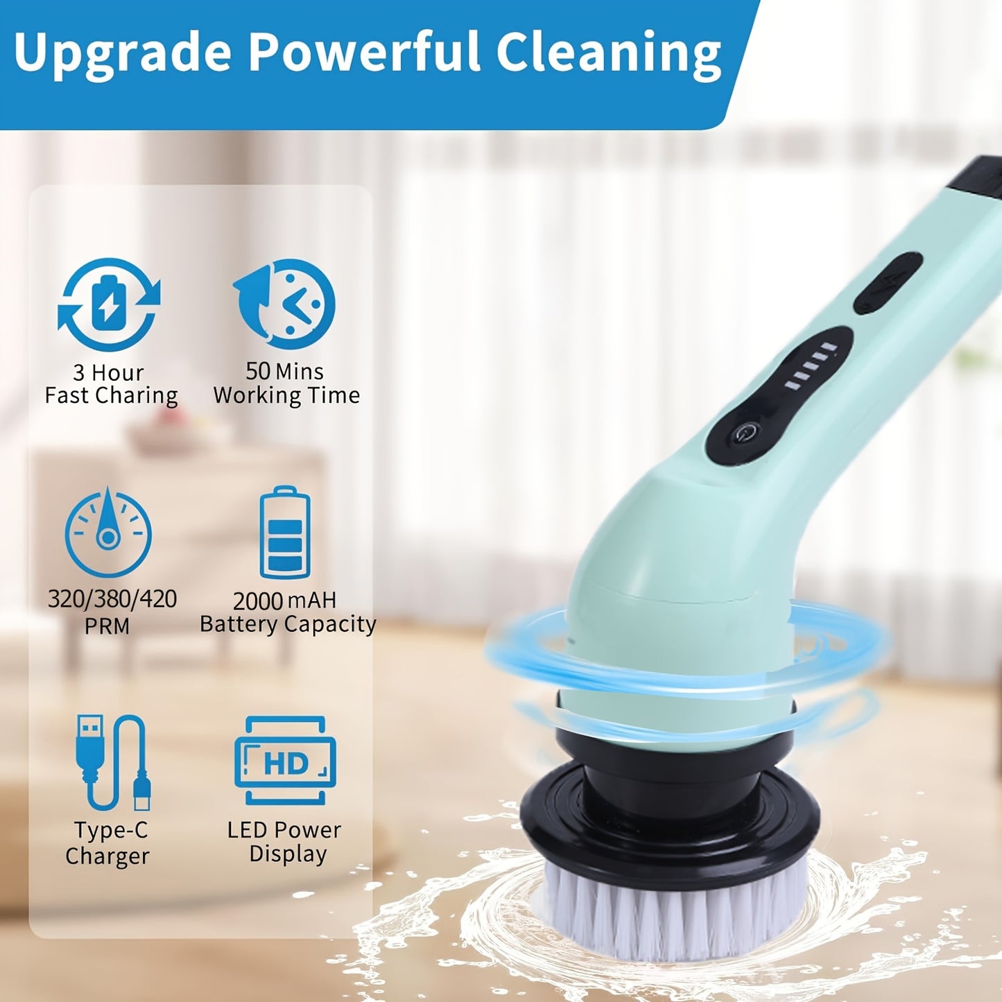 Cordless Electric Spin Scrubber – 7 Brush Heads, Adjustable Handle, 2 Speeds, Ideal for Bathroom, Kitchen, Shower & Car Cleaning