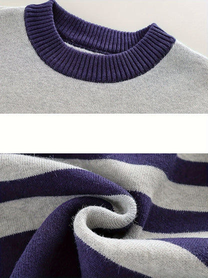 Boys Striped Thick Sweater Round Neck Long Sleeve Stretch Warm Knit Pullover Top Kids Clothes Outdoor - Hiccupzz