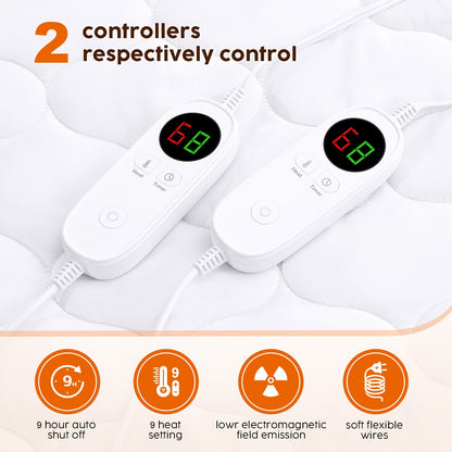 1 Pc HYLEORY Electric Heated Mattress Pad - Dual Temperature Control, 9 Heat Settings, 1-9 Hour Auto Shut-Off, Machine Washable, Hypoallergenic, Soft Cozy, 110-127V US Plug