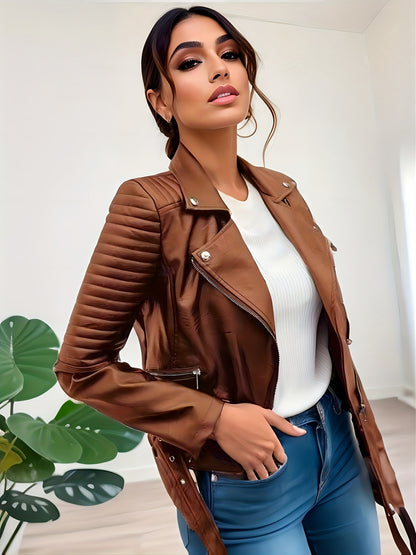 Women's Solid Biker Jacket - Long Sleeve Zipper Streetwear Outerwear - Hiccupzz
